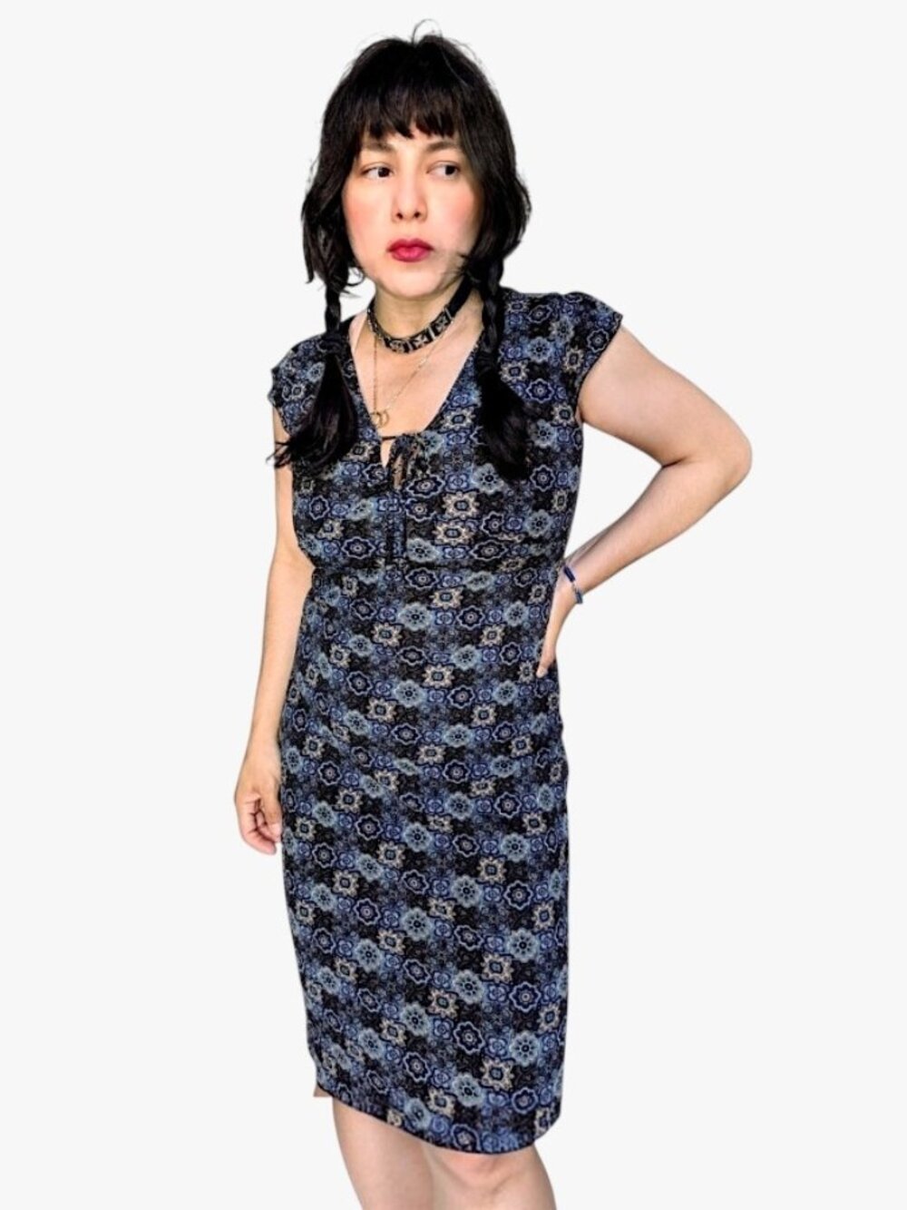 Byer Too! VTG 90's fairy grunge brown blue floral mesh overlay slip dress S/M